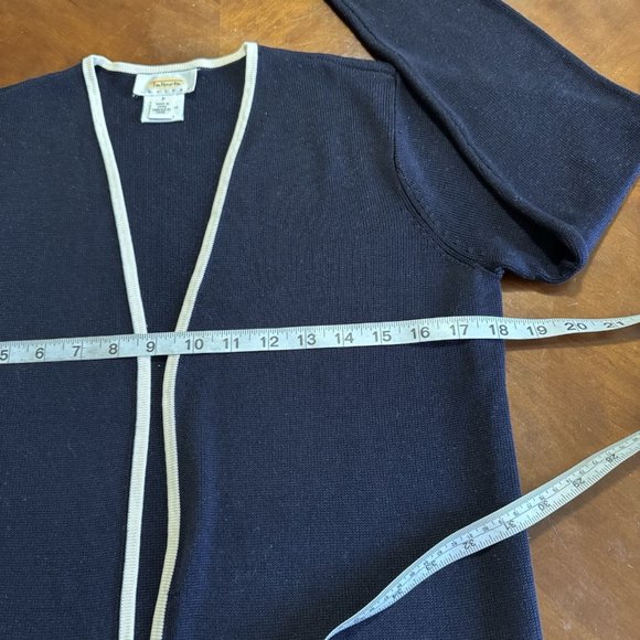Talbots 100% Silk Open Front Cardigan Navy W/ivory Trim Women's Size P - Picture 9 of 16